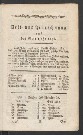 Zeit und Festrechnung auf das Schaltjahr 1796