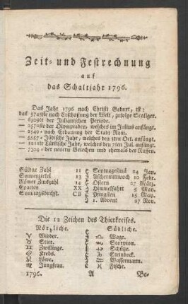 Zeit und Festrechnung auf das Schaltjahr 1796