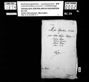 Franz Xaver Brixi: Missa Pastoritia Ex D# / â / Canto: Alto: Tenore: Basso: / Violino Primo / Violino Secundo / Clarino Primo / Clarino 2do / e / Basso / di Brixi: / 1770; Ms. 1770.