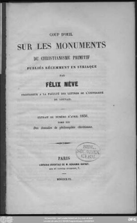 Coup d'œil sur les monuments du christainisme primitif