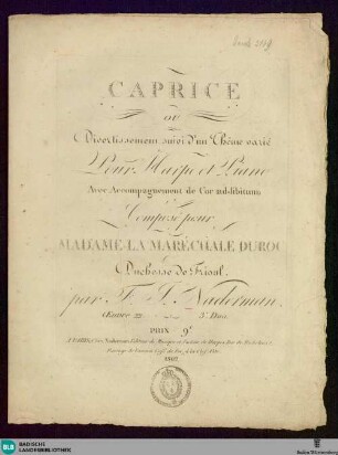 Caprice ou divertissement suivi d'un thême varié : pour harpe et piano avec accompagnement de cor (ad-libitum); oeuvre 22; 3e duo
