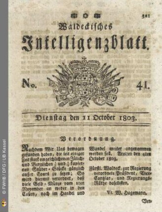 No. 41. Dienstag den 11 October 1803