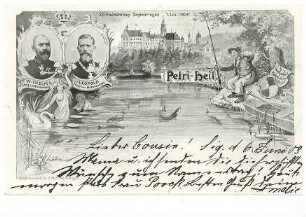 Schloss Sigmaringen und Donau - Werbung für den XII. Fischereitag in Sigmaringen am 7. Juni 1903 mit Abbildungen des Fürsten Leopold von Hohenzollern, des Königs Wilhelm II. von Württemberg sowie eines Fischers