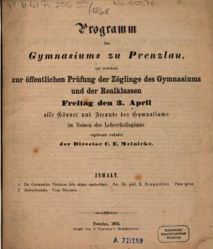 Programm des Gymnasiums zu Prenzlau. 1867/68
