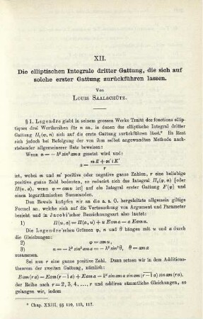 XII. Die elliptischen Integrale dritter Gattung, die sich auf solche erster Gattung zurückführen lassen.