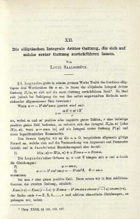 XII. Die elliptischen Integrale dritter Gattung, die sich auf solche erster Gattung zurückführen lassen.
