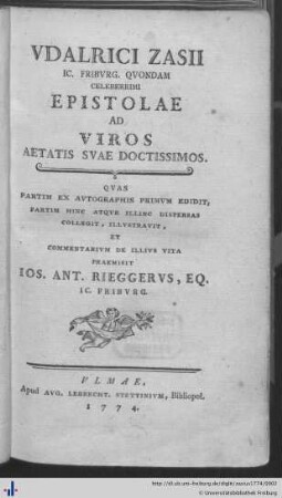 Udalrici Zasii Epistolae ad viros aetatis svae doctissimos