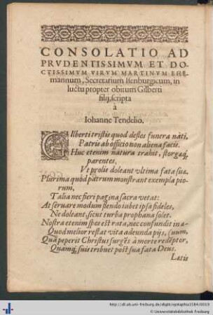 Consolatio ad prudentissimum et doctissimum virum Martinum Ehemannum.