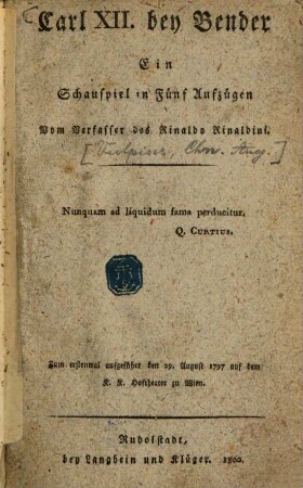 Carl XII. bey Bender : Ein Schauspiel in Fünf Aufzügen