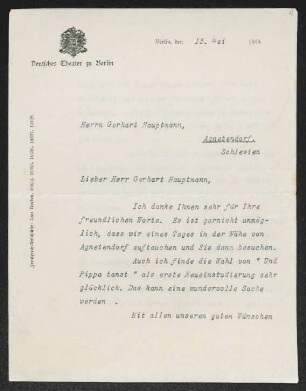 Brief von Felix Hollaender an Gerhart Hauptmann