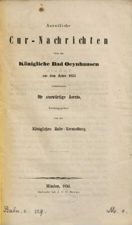 Ärztliche Cur-Nachrichten über das Königliche Bad Oeynhausen aus dem Jahre ... : insbesondere für auswärtige Ärzte, 1853