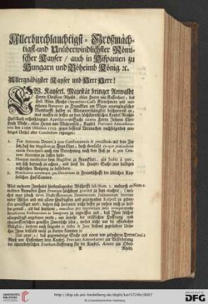 Allerdurchlauchtigst-Großmächtigst- und Unüberwindlichster Römischer Kayser / auch in Hispanien zu Hungarn und Böheimb König