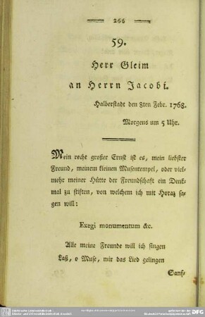 59. Herr Gleim an Herrn Jacobi. Halberstadt den 8ten Febr. 1768. Morgens um 5 Uhr