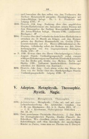 V. Adepten. Metaphysik. Theosophie. Mystik. Magie