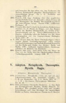 V. Adepten. Metaphysik. Theosophie. Mystik. Magie