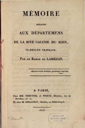 Mémoire relatif aux départemens de la rive gauche du Rhin, ci-devant Français