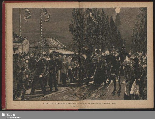 Ankunft des ersten deutschen Reiters, Prinz Leopold von Preussen, am Ziel in Floridsdorf bei Wien am Abend des 4. October