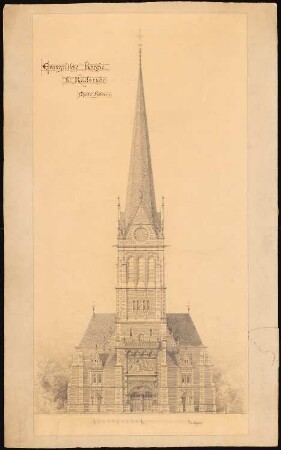 Evangelische Kirche, Karlsruhe: Ansicht Vorderfront 1:200