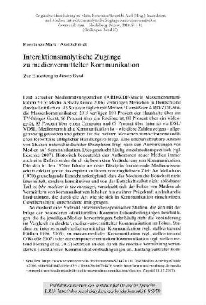 Interaktionsanalytische Zugänge zu medienvermittelter Kommunikation. Zur Einleitung in diesen Band