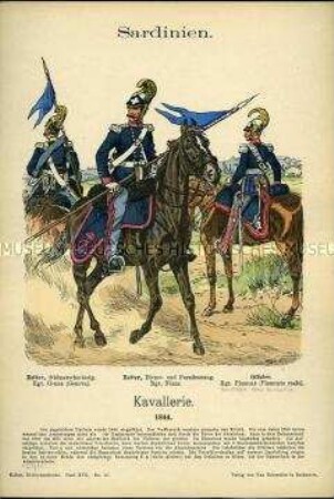 Uniformdarstellung, Reiter und Offizier verschiedener Kavallerie-Regimenter, Königreich Sardinien, 1844.