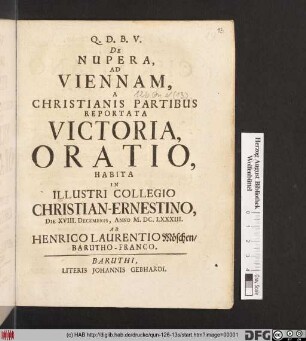 De Nupera, Ad Viennam, A Christianis Partibus Reportata Victoria Oratio
