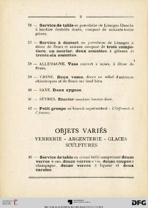 Objets variés - Verrerie - Argenterie - Glaces - Sculptures (Nr. 43-74)