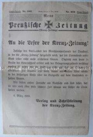 Notausgabe der "Neuen Preußischen Zeitung" ("Kreuz-Zeitung") zu den revolutionären Unruhen in Berlin