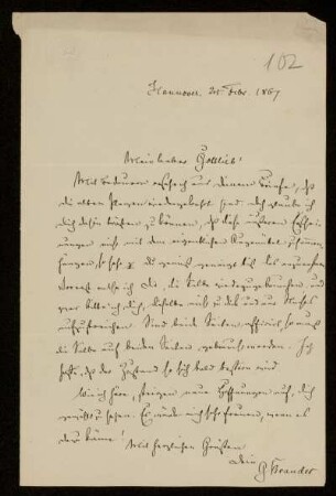 Brief von Gustav Brandes an Gottlieb Planck, Hannover, 24.2.1867