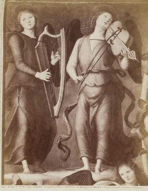 Zwei musizierende Engel, Detail aus Pietro Peruginos "Himmelfahrt der Jungfrau Maria“ (Pala di Vallombrosa), Galleria dell’Accademia, Florenz