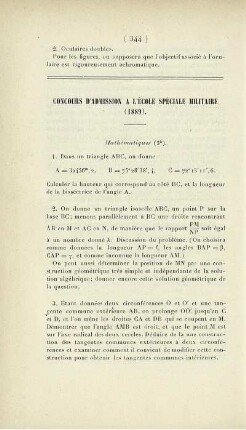 Concours d'admission a l'École Spéciale Militaire (1889).