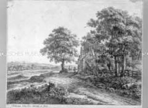 Gasthaus am Wege mit großer Linde (rastender Wanderer auf einer Bank) - Nr. 1 einer Folge Landschaften, rechts unten numeriert