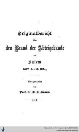 Originalbericht über den Brand der Abteigebäude von Salem, 1697, 9.-10. März.