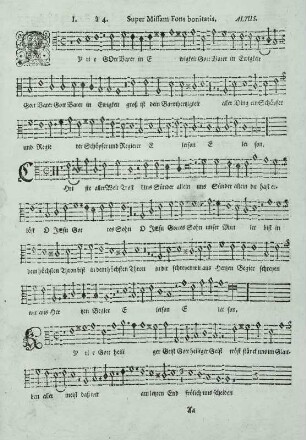 Heinrich Schütz: Zwölf geistliche Gesänge op. 13 : Heinrich Schütz: Zwölf geistliche Gesänge op. 13. Dresden, 1657. Erste Notenseite des Altus. Buchdruck; 26,4 x 19,3 cm. Dresden: SLUB Mus.Pi.7,7
