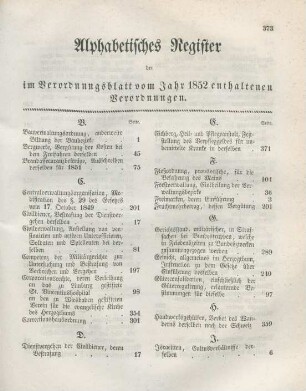 Alphabetisches Register der im Verordnungsblatt vom Jahr 1852 enthaltenen Verordnungen