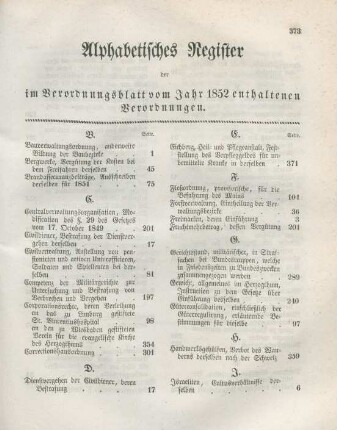 Alphabetisches Register der im Verordnungsblatt vom Jahr 1852 enthaltenen Verordnungen