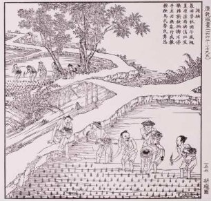 China, Dreschen des Reisstrohs, Holzschnitt 1637