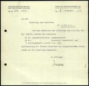 Schreiben; AIDR an DAI Athen (Drucksachen)