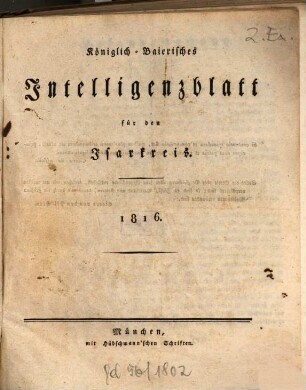 Königlich-bayerisches Intelligenzblatt für den Isarkreis. 1816