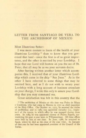 Letter from Santiago de Vera to the archbishop of Mexico