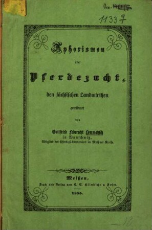 Aphorismen über Pferdezucht, den sächsischen Landwirthen gewidmet