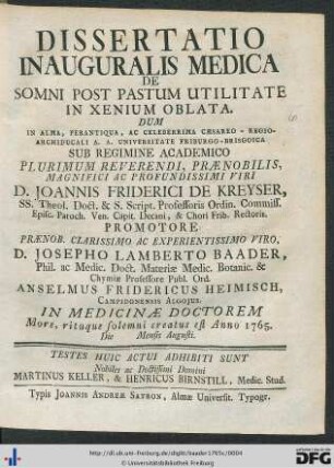 Dissertatio Inauguralis Medica De Somni Post Pastum Utilitate In Xenium Oblata