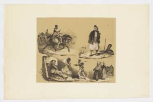 Skizzenblatt mit Reiter; Mann am Grab stehend; Rastender; Frauenportrait im Profil; Bote; drei Frauen im Gespräch, Blatt 1 der Folge "Fantaisies"