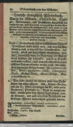 Teutsch-französische Wörterbuch, Darin die Würden, Characteren, Chargen, Bedienungen, und Profeßionen französisch benennet werden