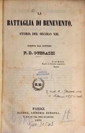 La battaglia di Benevento : Storia del secolo 13