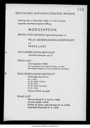 Morgenfeier [...] Mendelssohn-Bartholdy und [...] Liszt