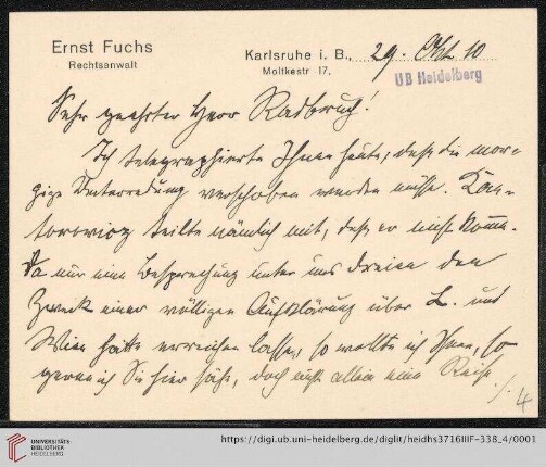Nachlass Gustav Radbruch. Korrespondenz Ernst Fuchs/Gustav Radbruch: Brief von Ernst Fuchs an Gustav Radbruch