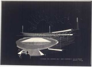 Olympia-Stadion Berlin Xenon Flutlichtanlage: Perspektivische Skizze mit Flutlichtmasten Xenon