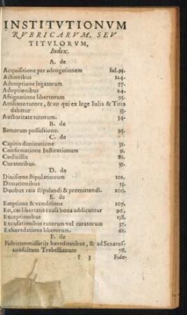 Institutionum Rubricarum, Seu Titulorum, Index.