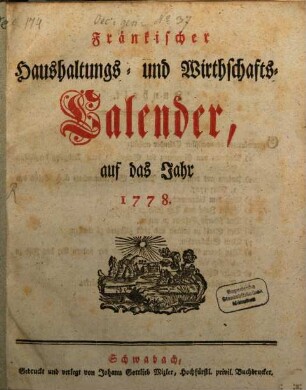 Fränkischer Haushaltungs- und Wirthschafts-Calender : auf d. Jahr .., 1777
