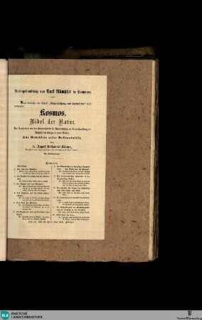 Karlsruher Tagblatt, Verlagshandlung von Carl Rümpler in Hannover. Vom Verfasser der Schrift "Naturforschung und Culturleben" wird erscheinen: Kosmos